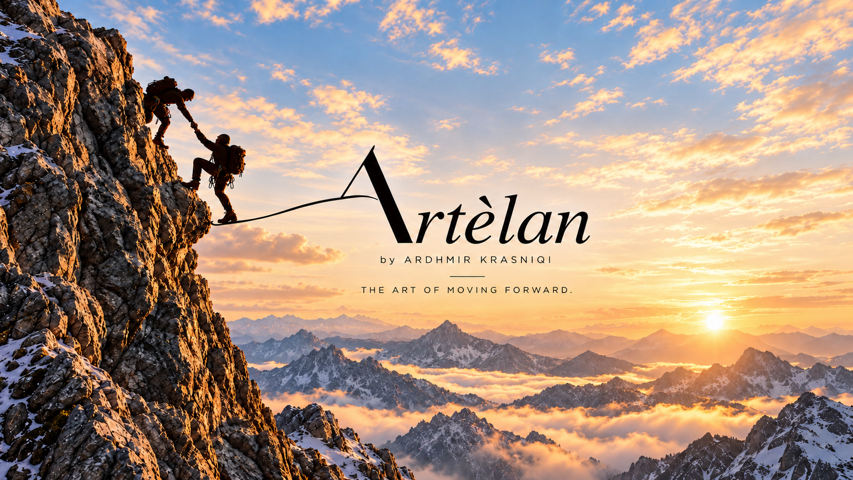 Artèlan by Ardhmir Krasniqi. The Art of Moving Forward. Zwei Menschen unterstützen sich beim Aufstieg; der geschwungene Buchstabe A trägt den Fuss des unteren Menschen.